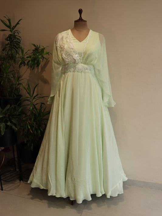Pastel mint green drape cape gown