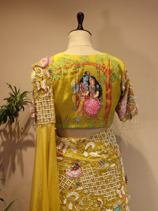 Green shaded radha krishna ji hand painted drape lehenga