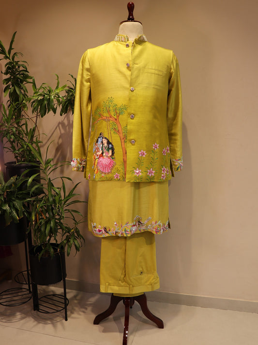 Green shaded radha krishna ji hand painted mens indo western
