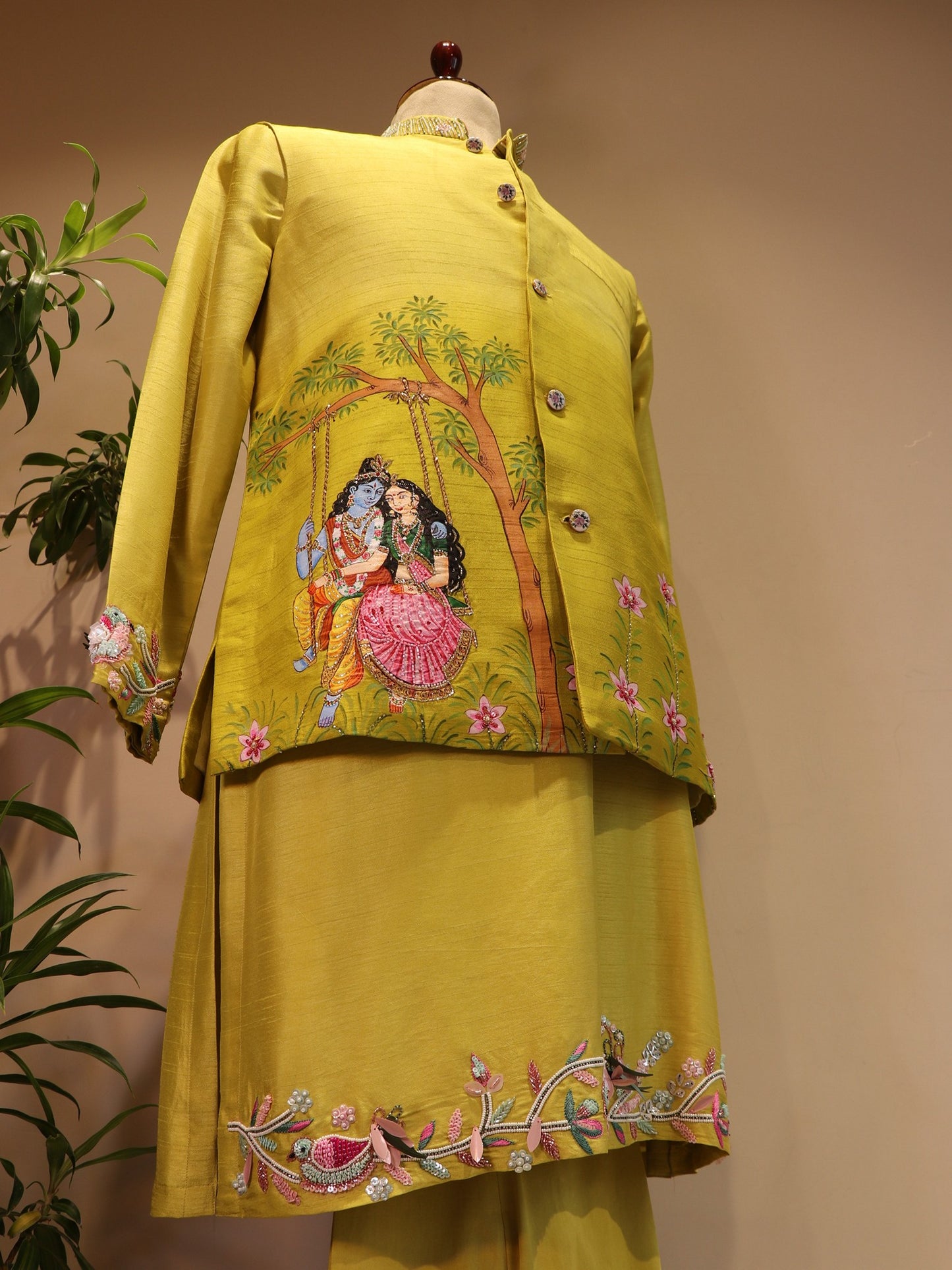 Green shaded radha krishna ji hand painted mens indo western