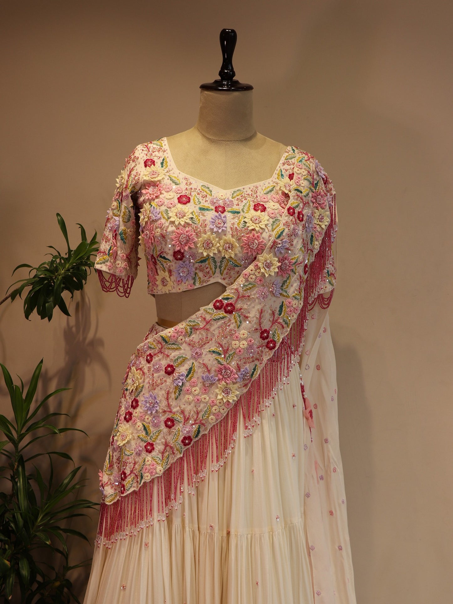 Off white 3D flower lehenga