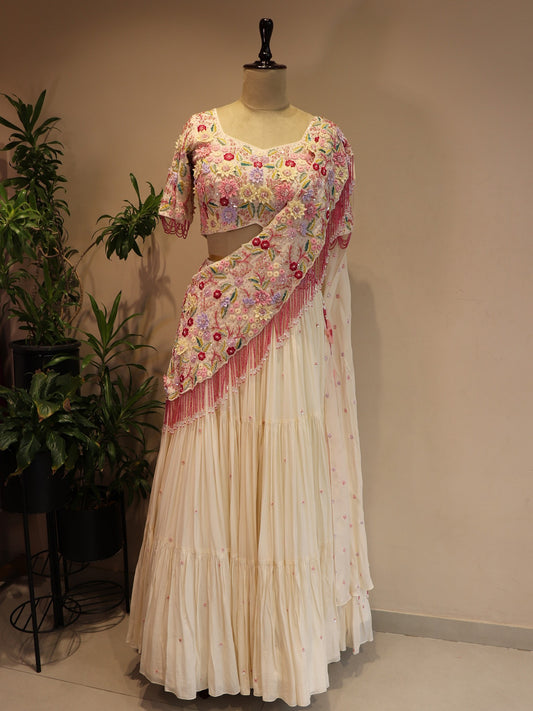 Off white 3D flower lehenga