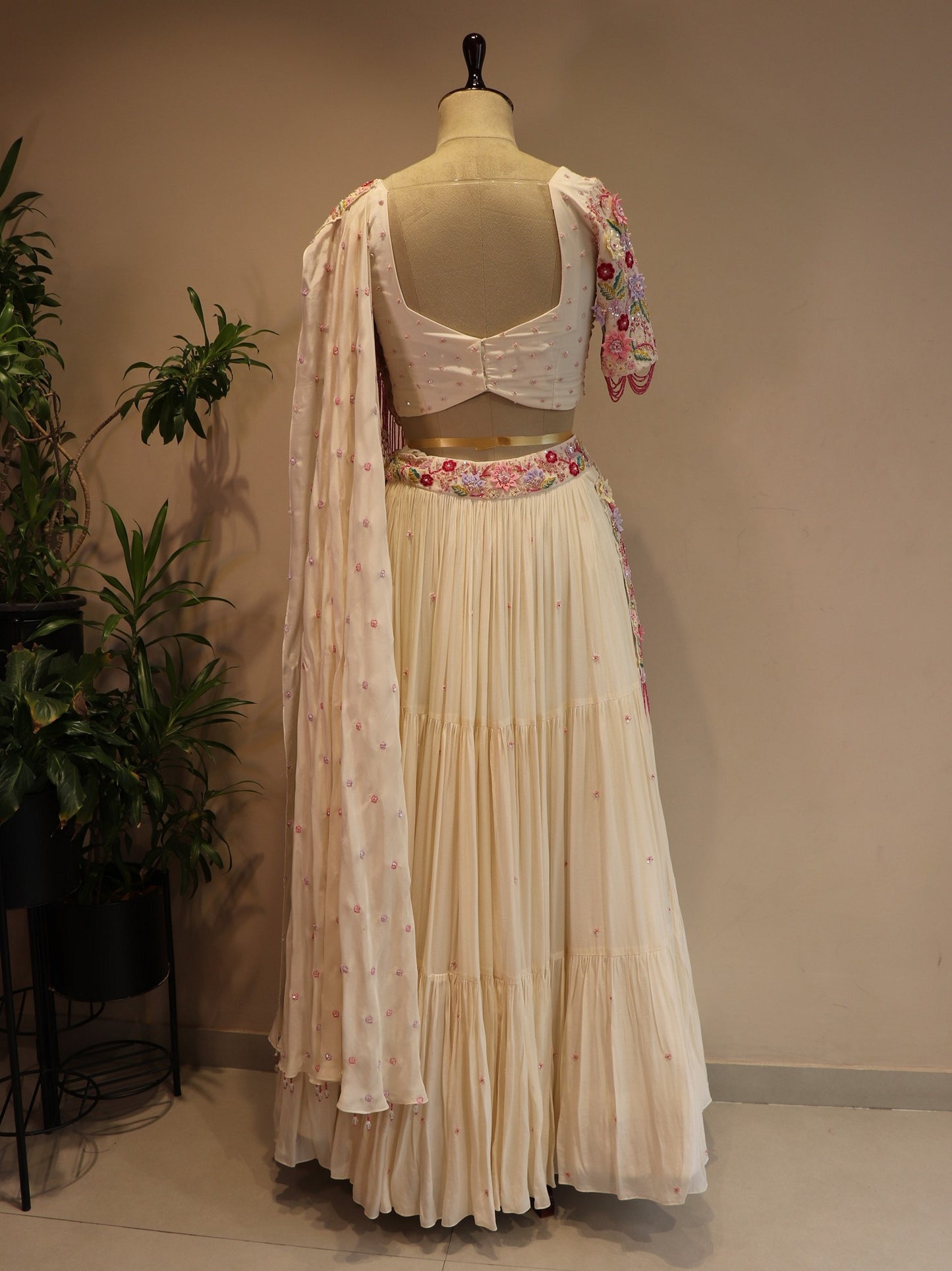 Off white 3D flower lehenga