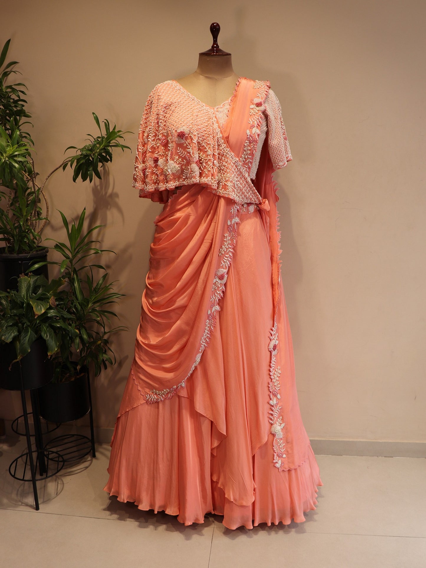 Peach drape cape lehenga
