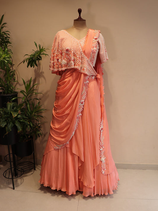 Peach drape cape lehenga