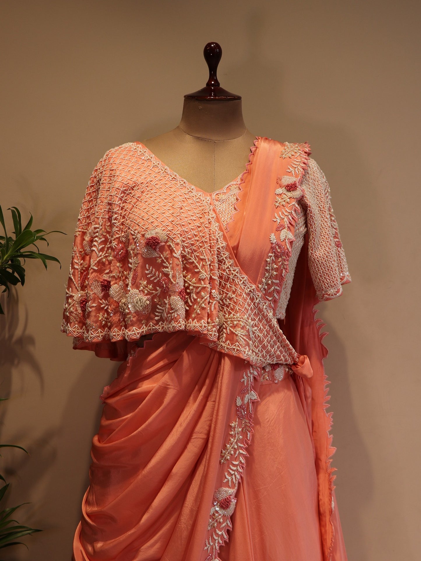 Peach drape cape lehenga
