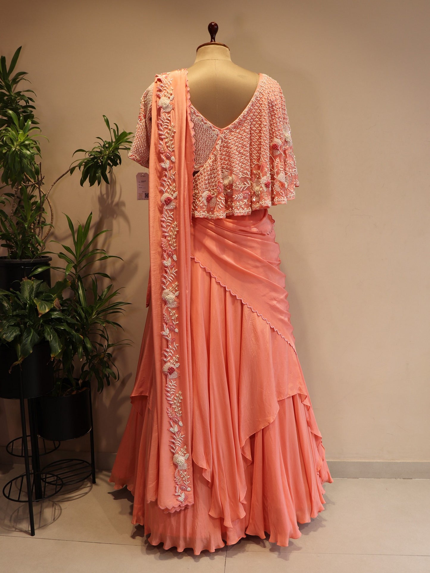 Peach drape cape lehenga