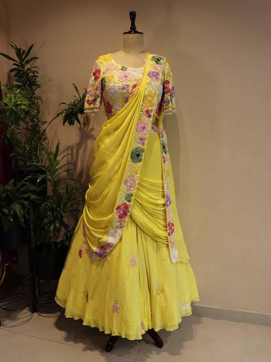 Lemon yellow drape lehenga