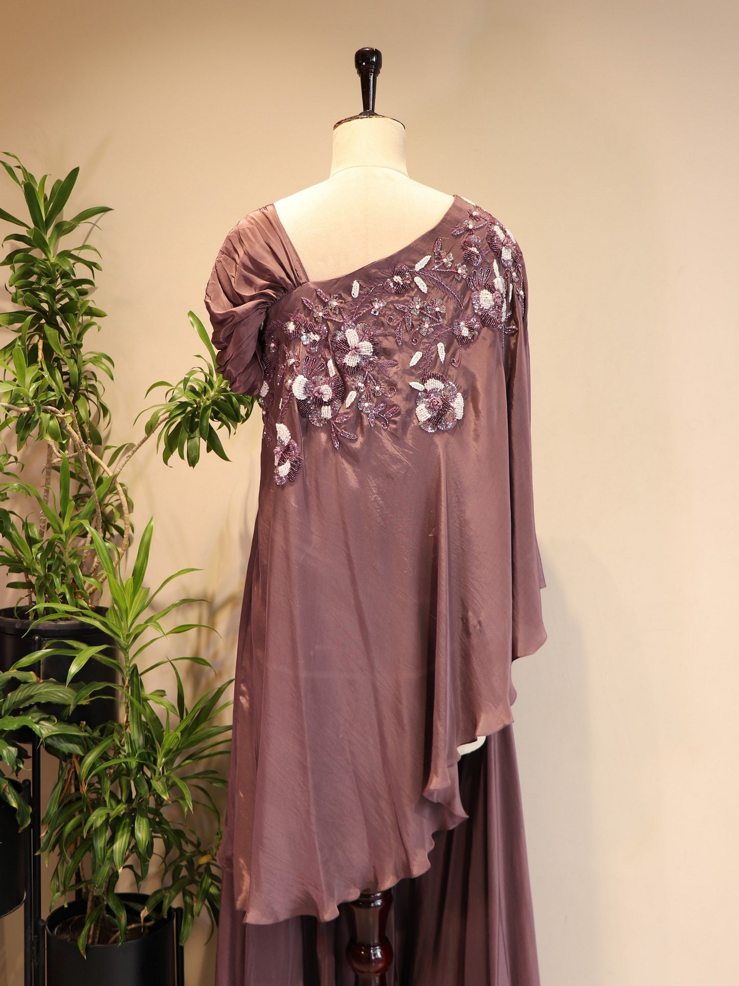 mauve embroidered cape top with palazo
