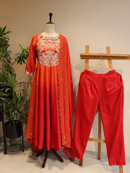 Rust orange red shaded anarkali pants duaptta