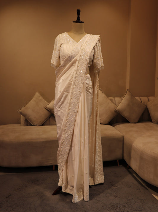 white embroidered pre drape saree
