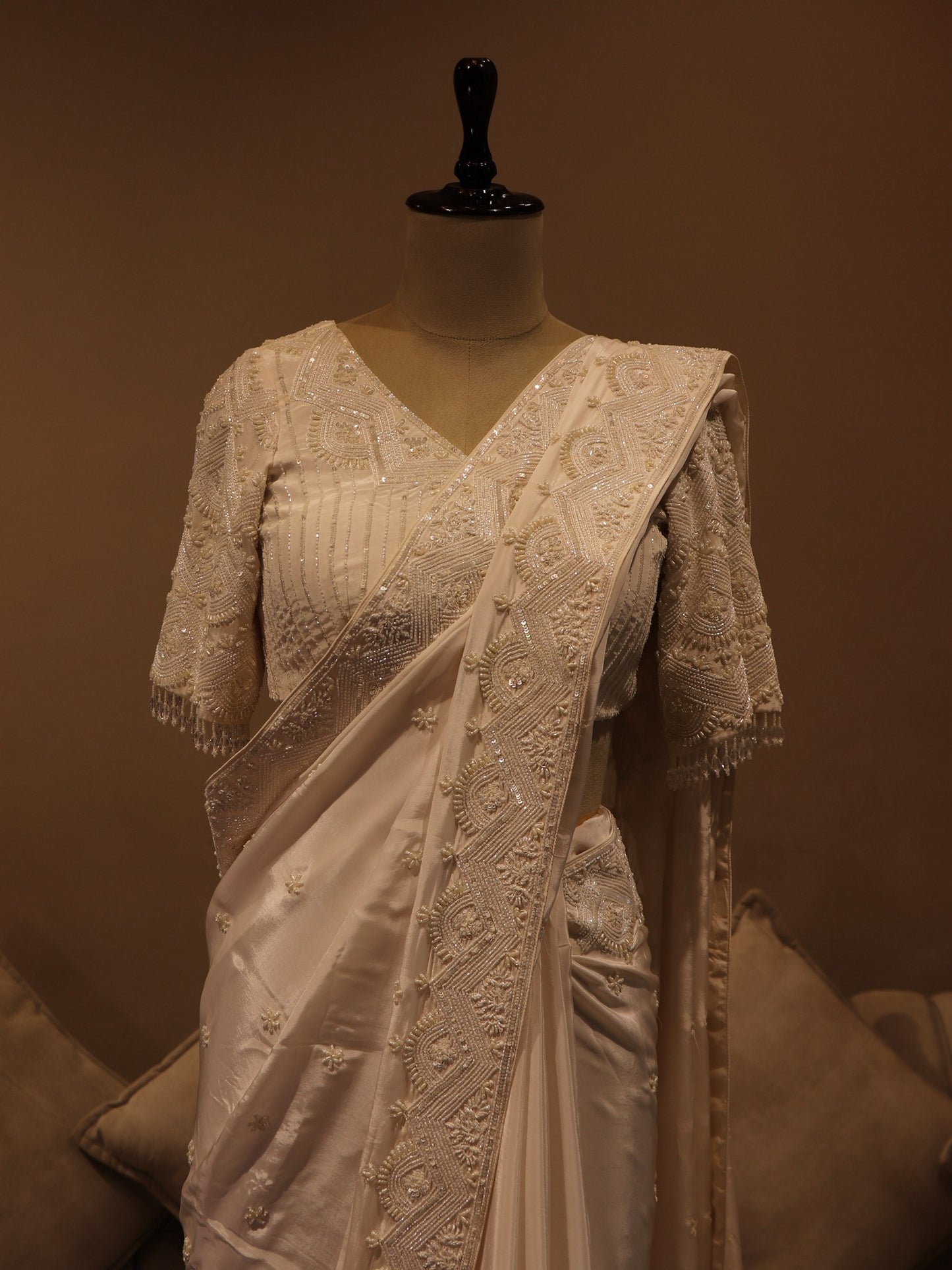white embroidered pre drape saree