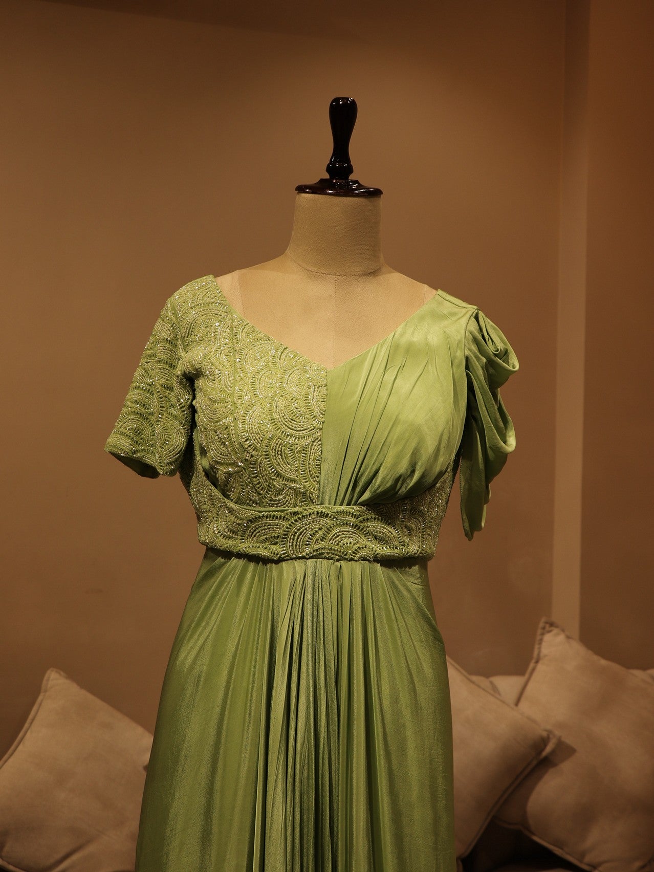 mint green drape gown