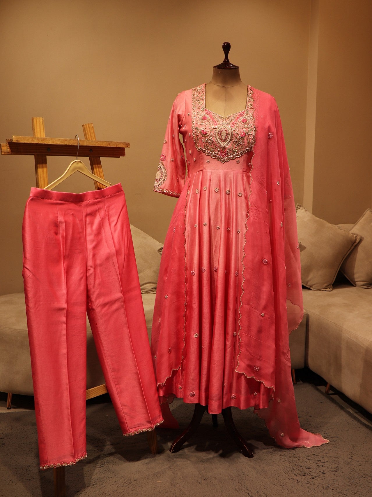 Pink shaded anarkali gown with pants dupatta