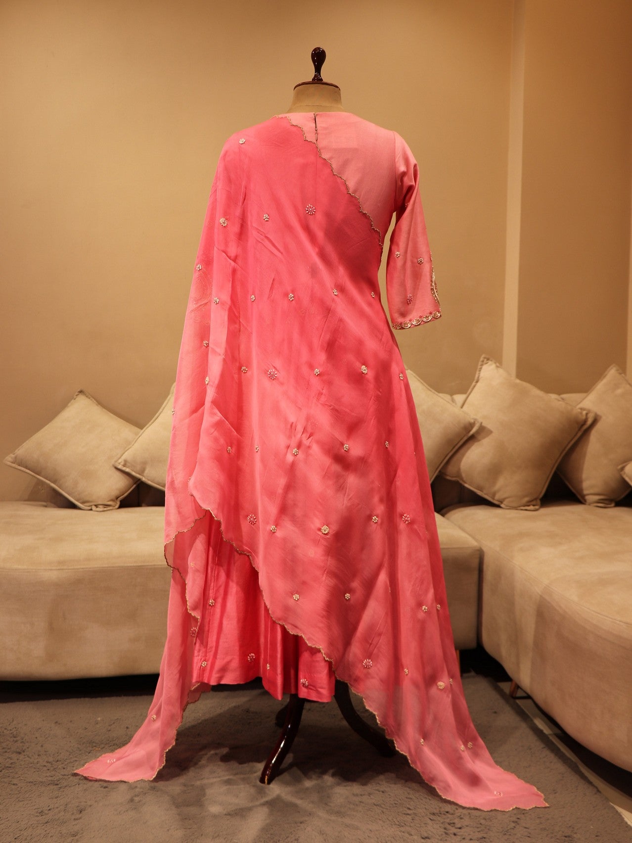 Pink shaded anarkali gown with pants dupatta