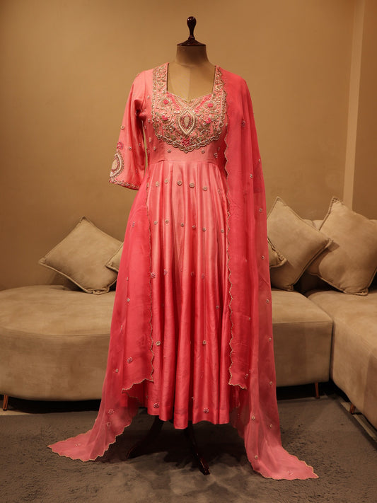 Pink shaded anarkali gown with pants dupatta