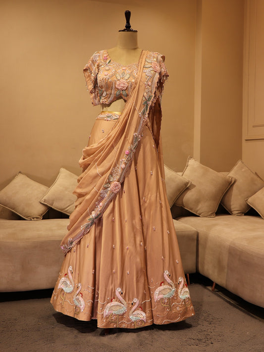 Beige flamingos lehenga set