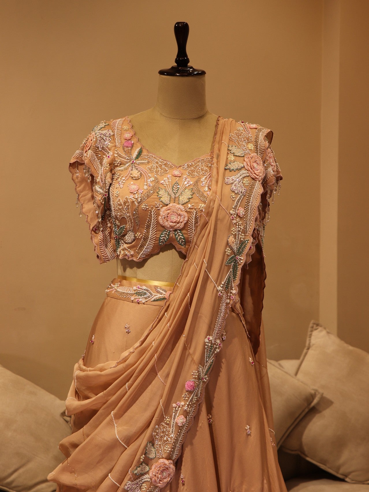 Beige flamingos lehenga set