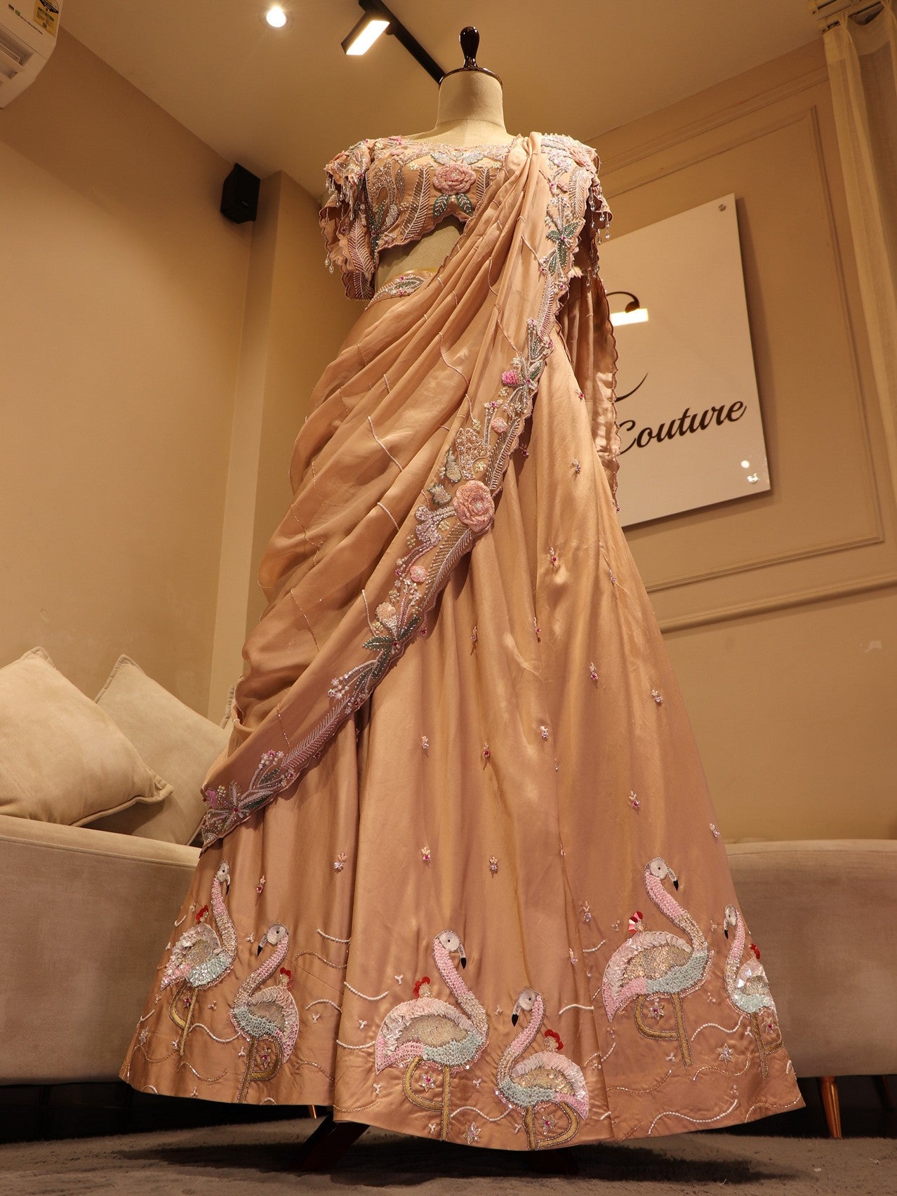 Beige flamingos lehenga set