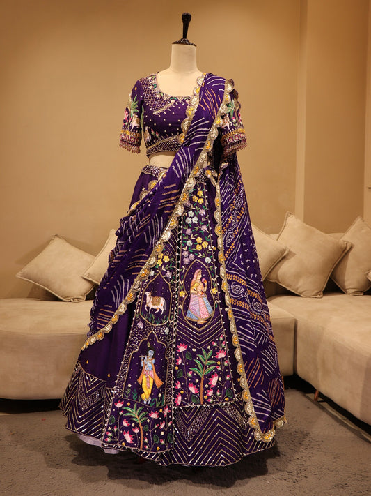 Purple hand painted Radha krishnaji bandhej lehenga set