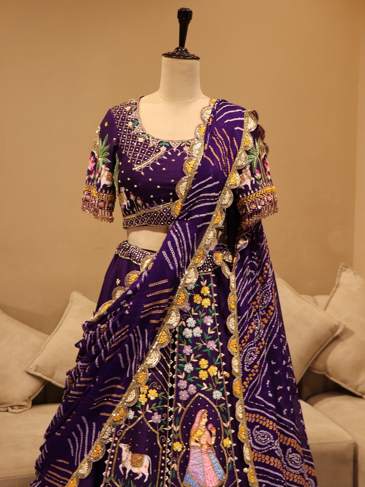 Purple hand painted Radha krishnaji bandhej lehenga set