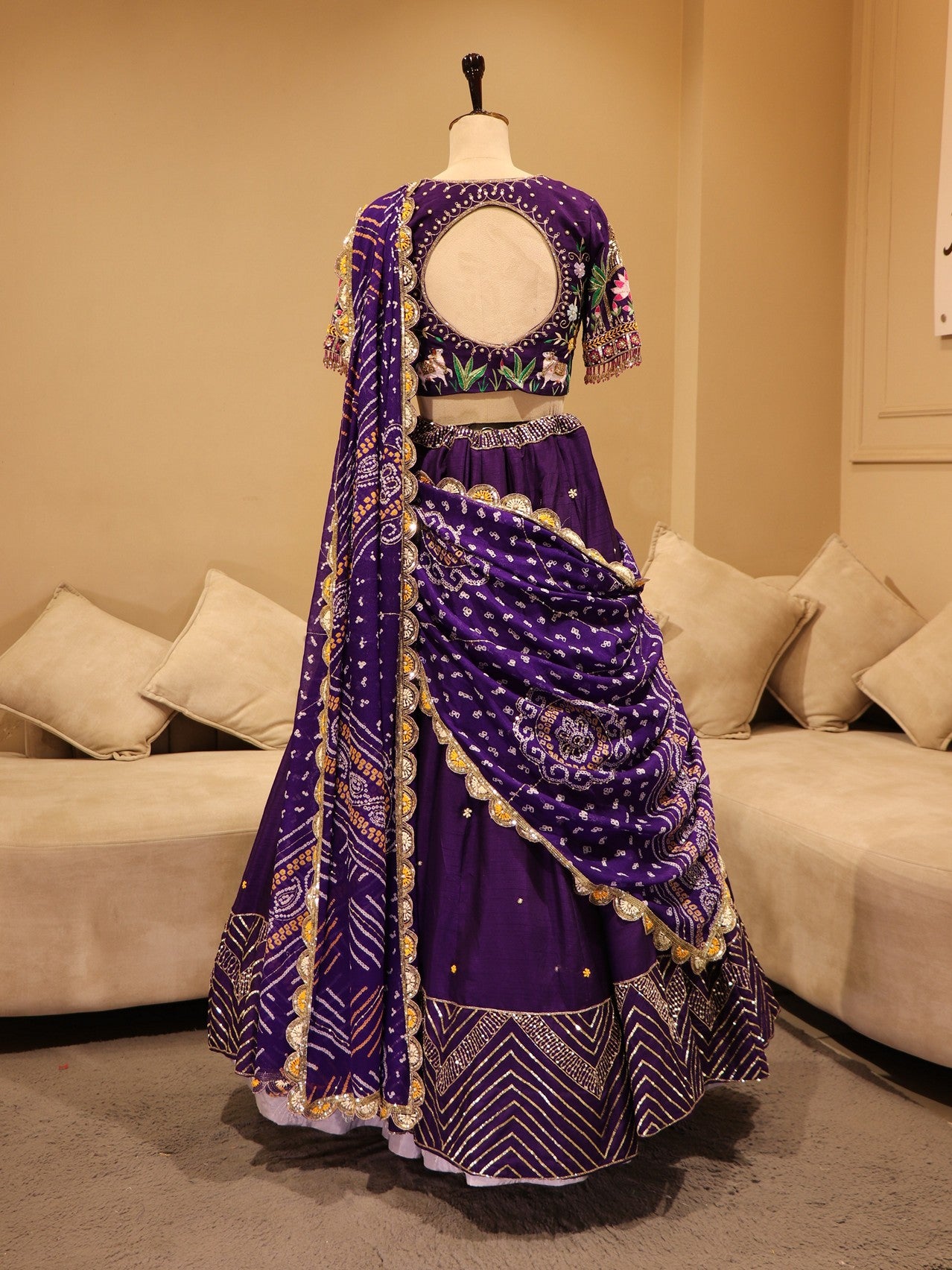 Purple hand painted Radha krishnaji bandhej lehenga set