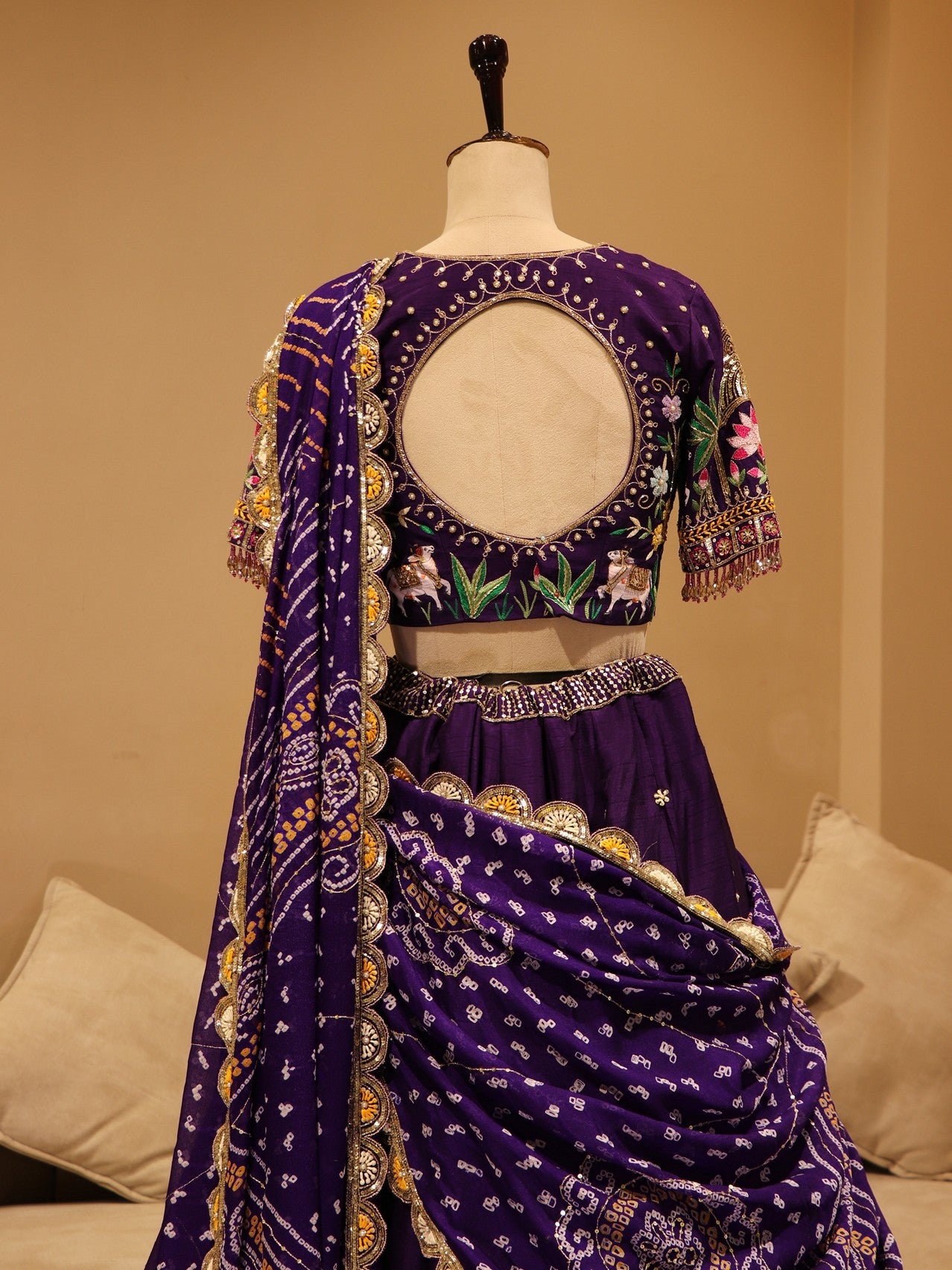 Purple hand painted Radha krishnaji bandhej lehenga set