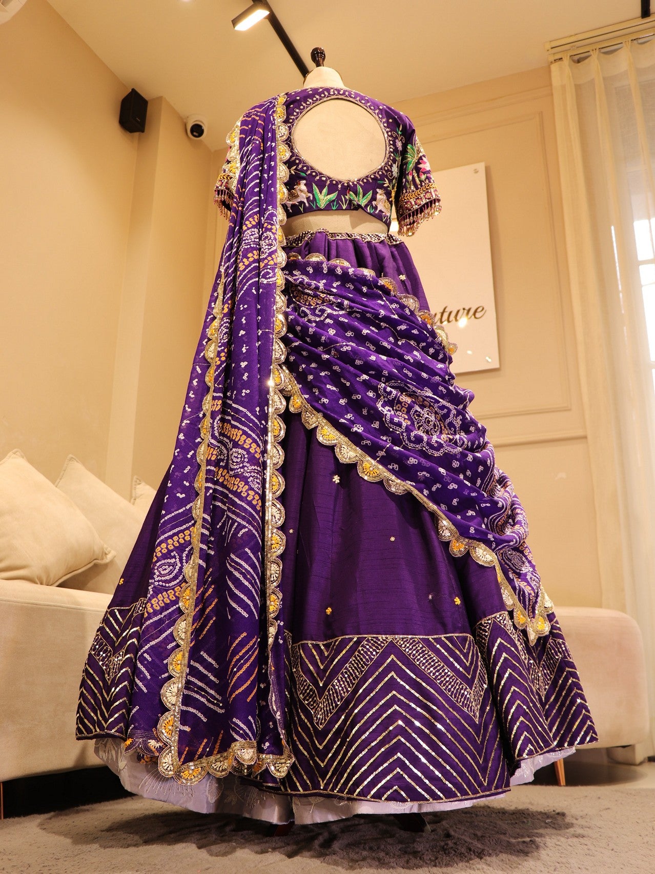 Purple hand painted Radha krishnaji bandhej lehenga set