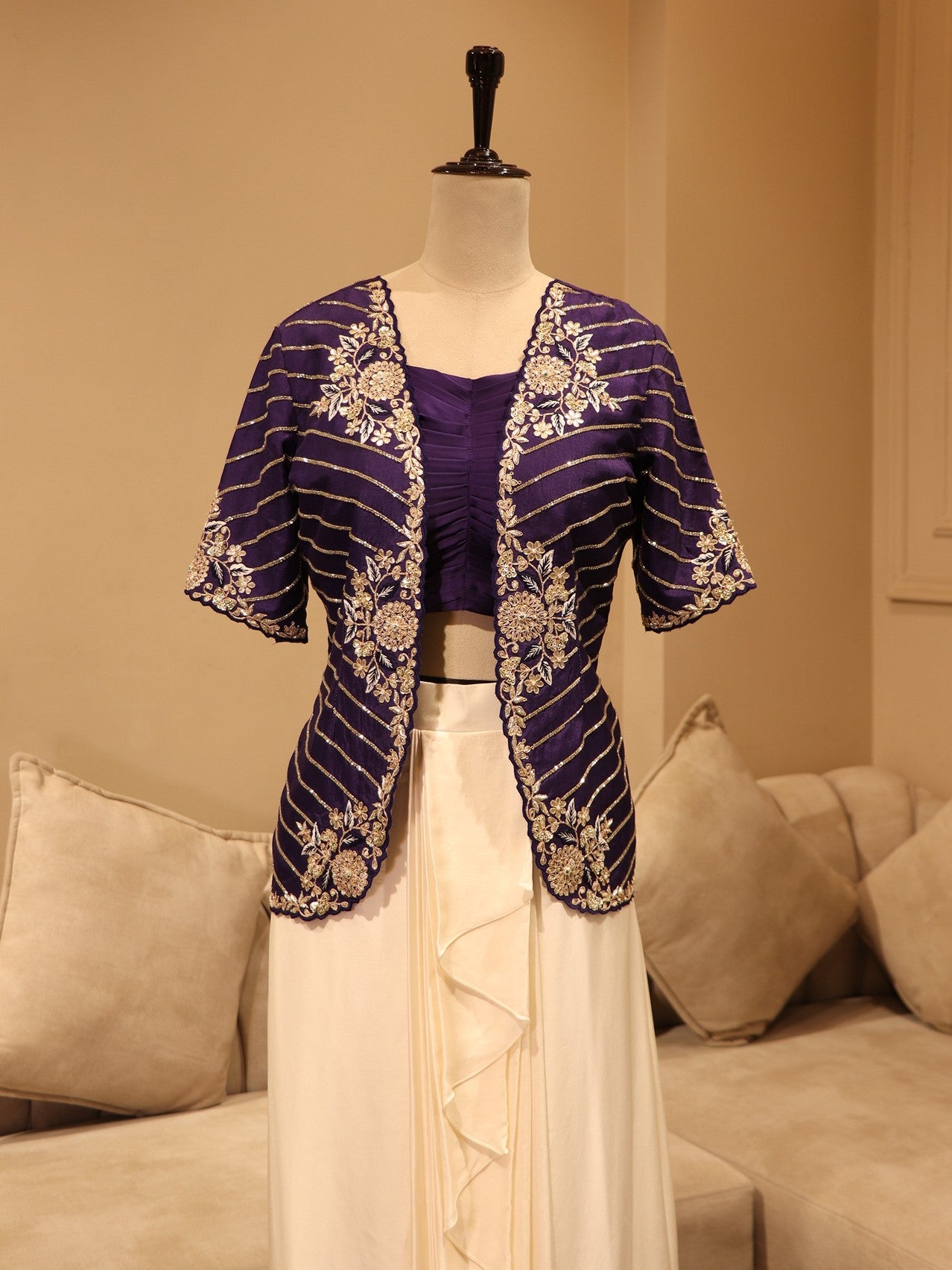 Purple crop top cape with drape skirt