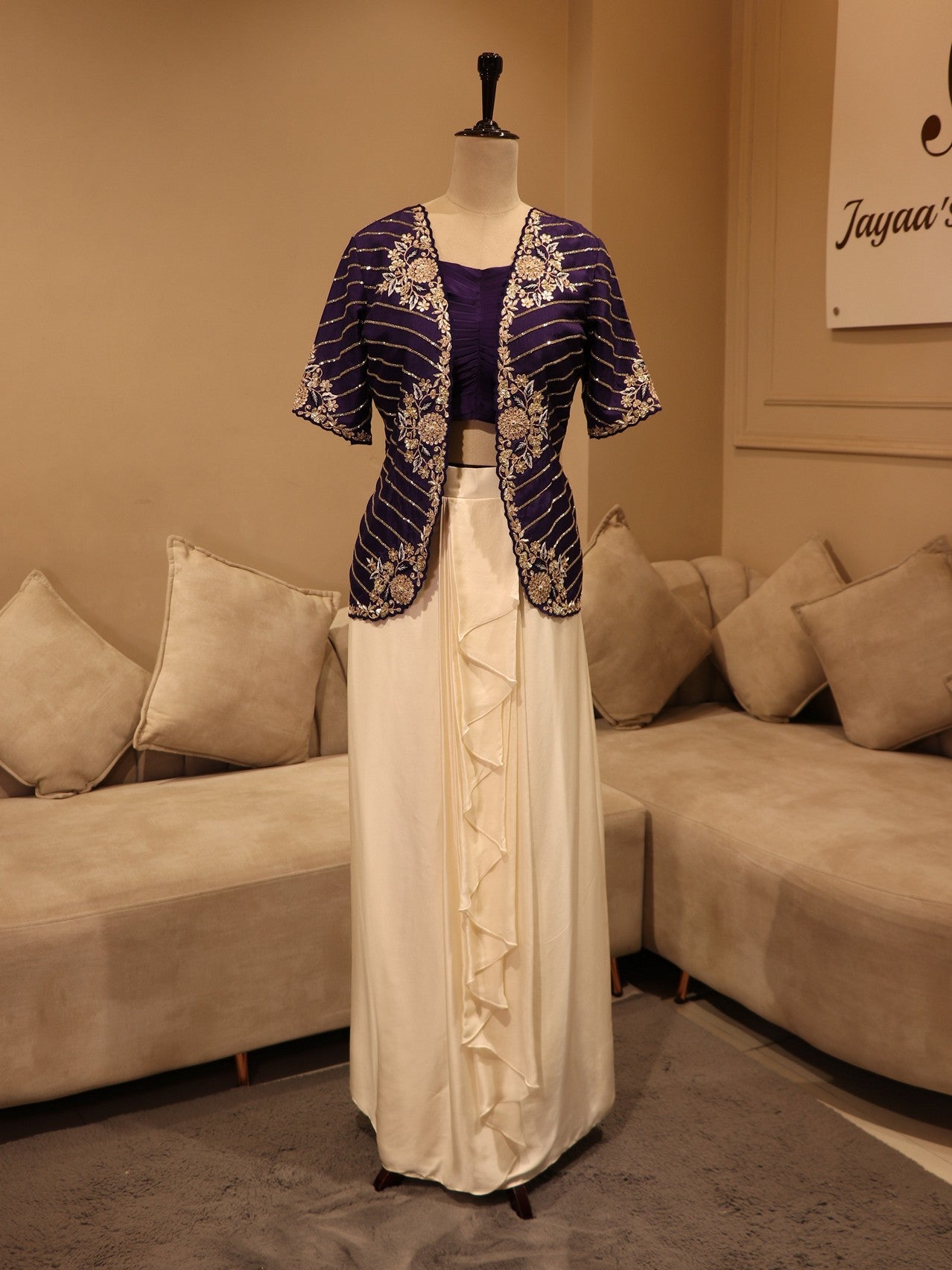 Purple crop top cape with drape skirt