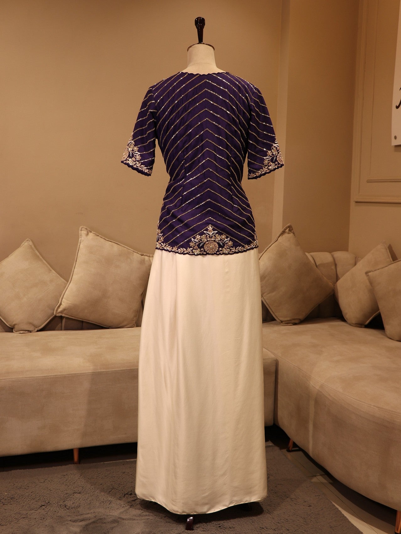 Purple crop top cape with drape skirt