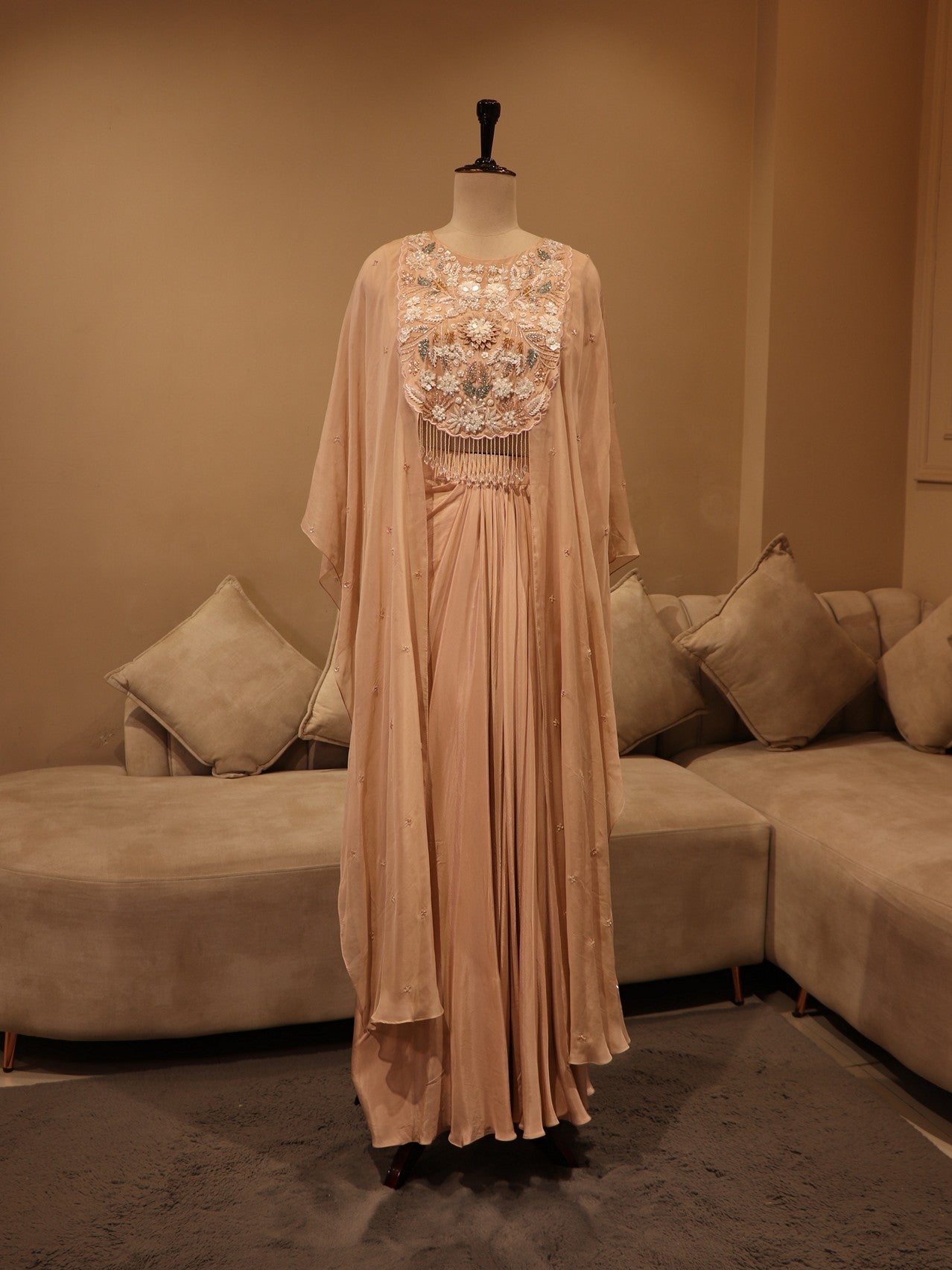 Peach crop top skirt with cape