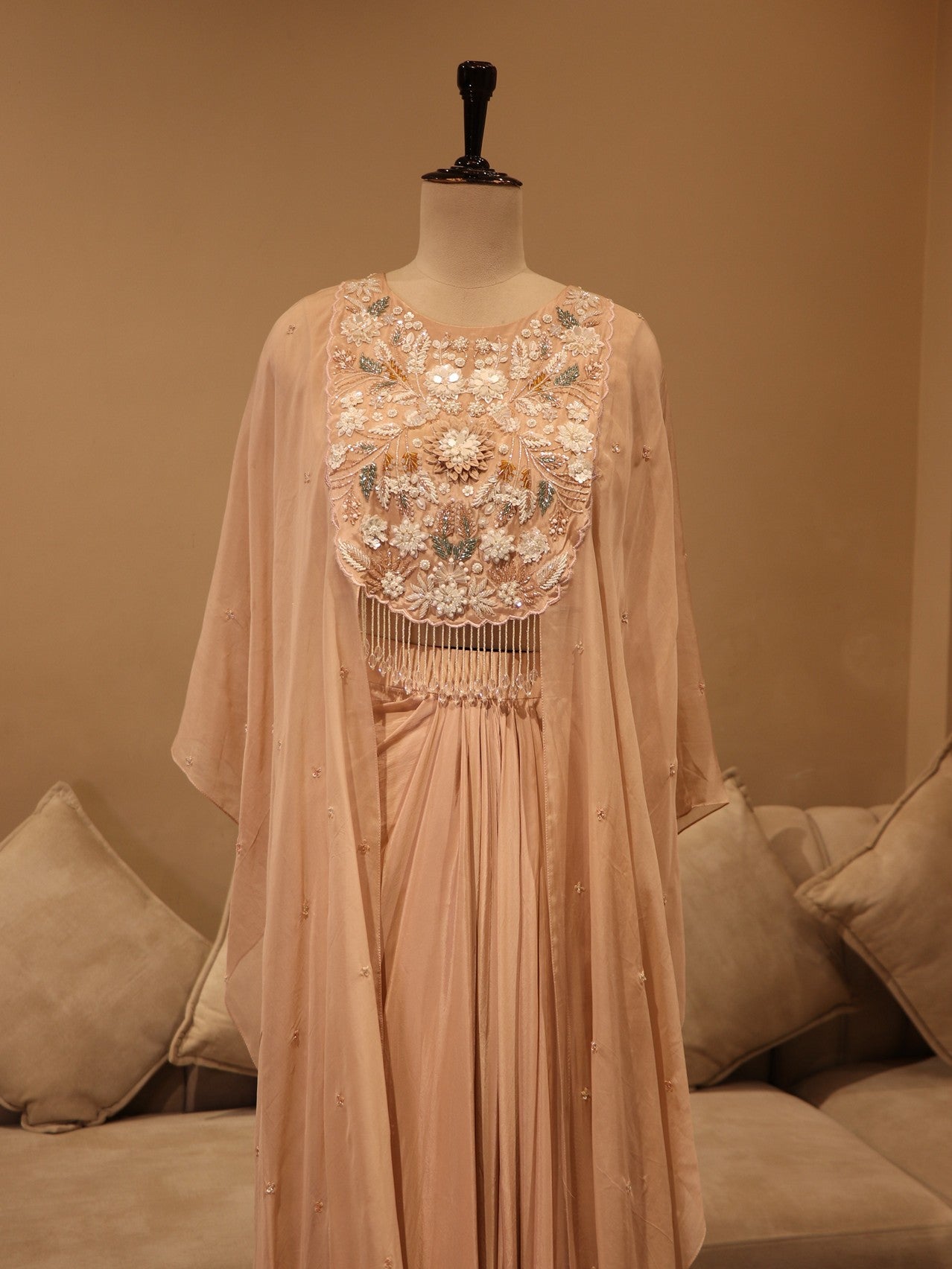 Peach crop top skirt with cape