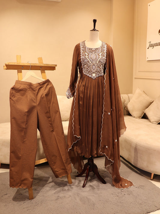 Deep brown anarkali gown with pants dupatta