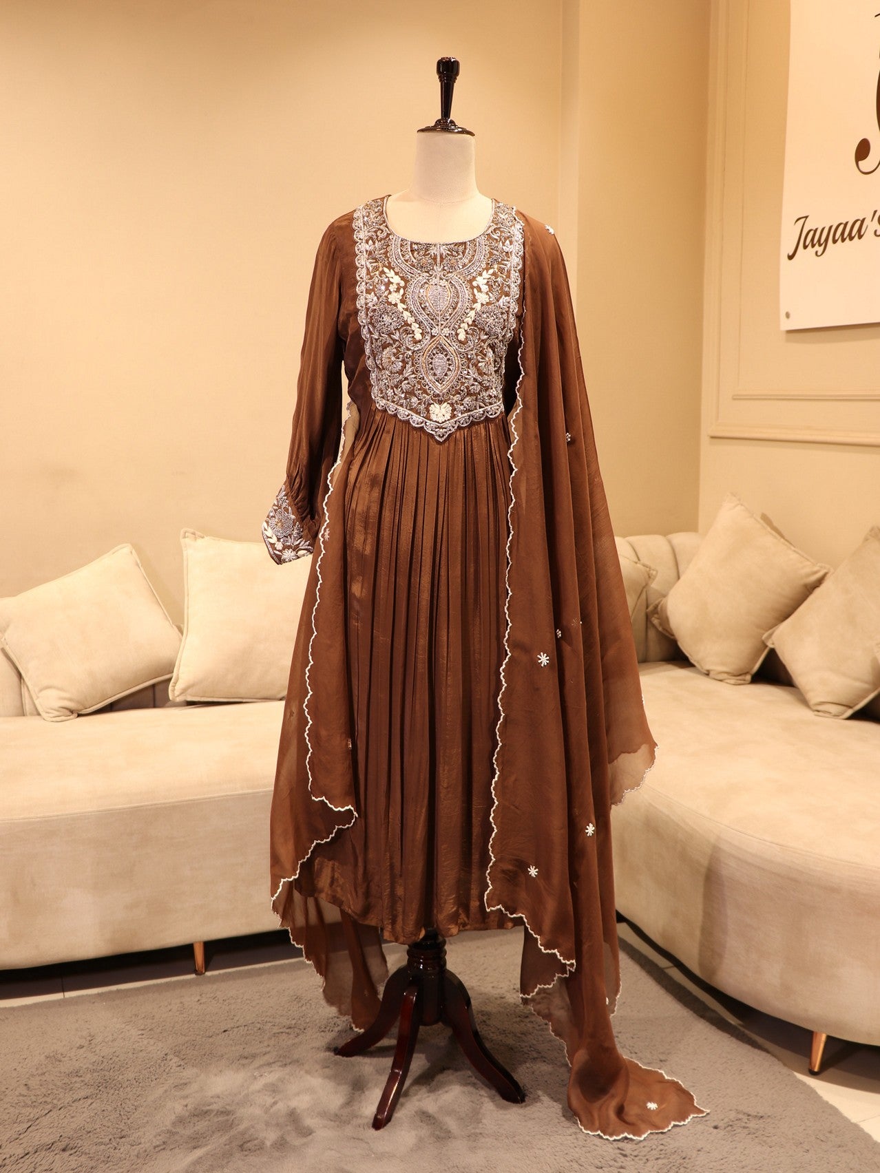Deep brown anarkali gown with pants dupatta