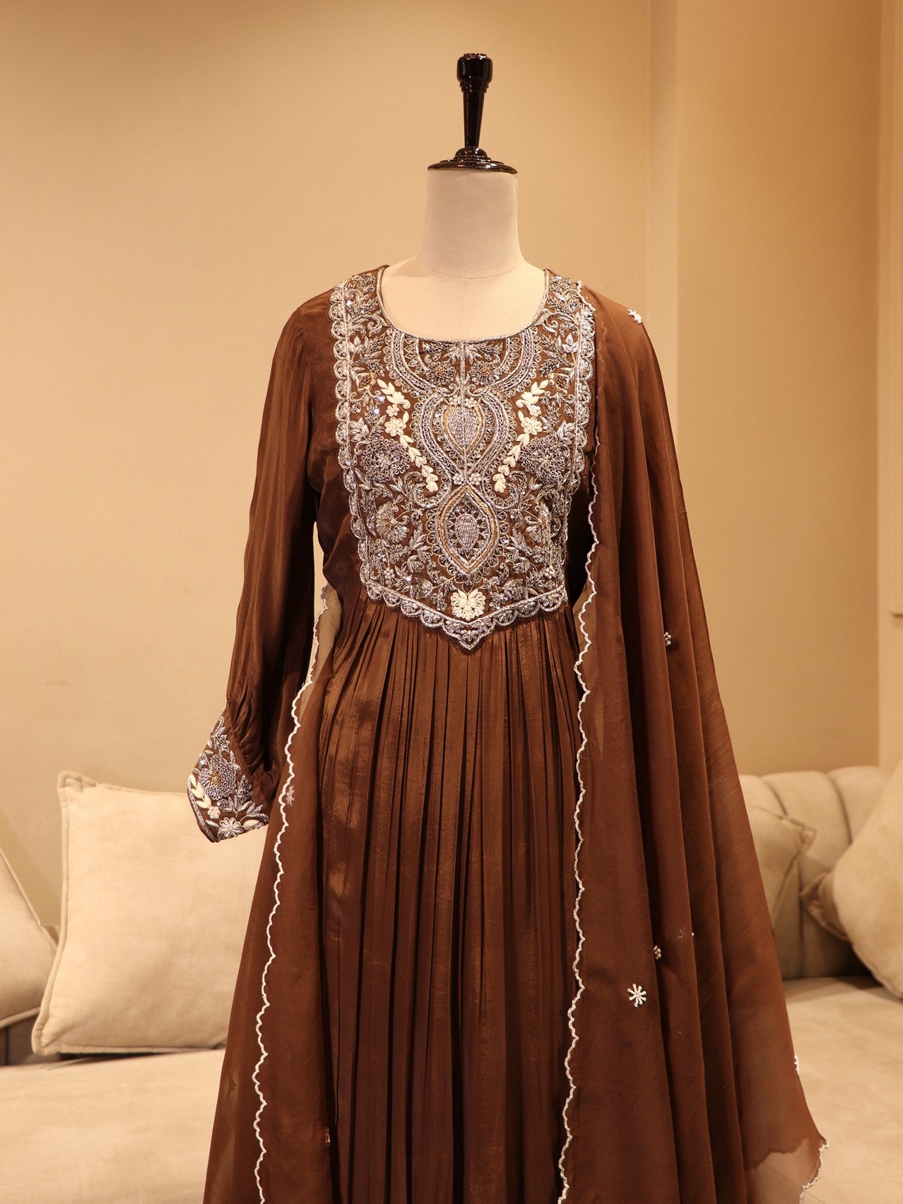 Deep brown anarkali gown with pants dupatta