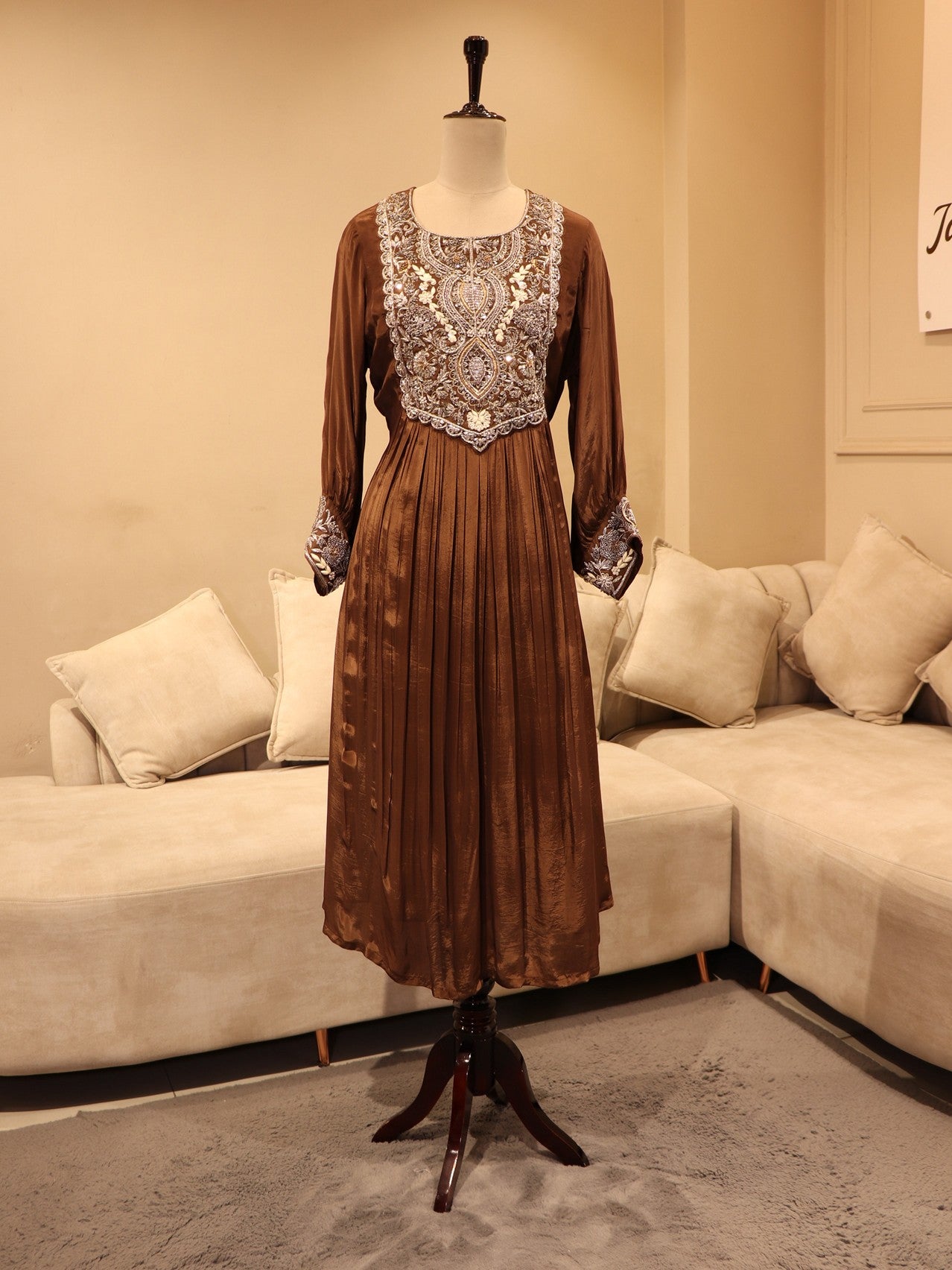 Deep brown anarkali gown with pants dupatta