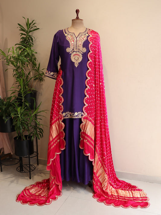 Deep purple zardosi kurta plazo with bandhej dupatta