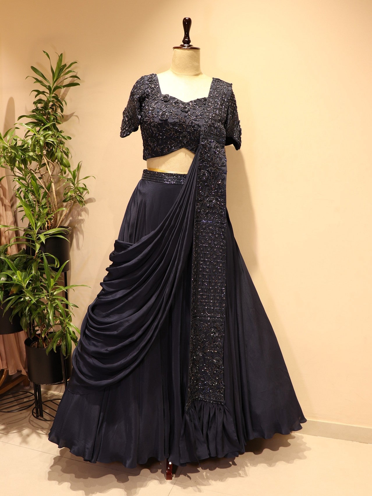 Navy blue embroidered drape lehenga set