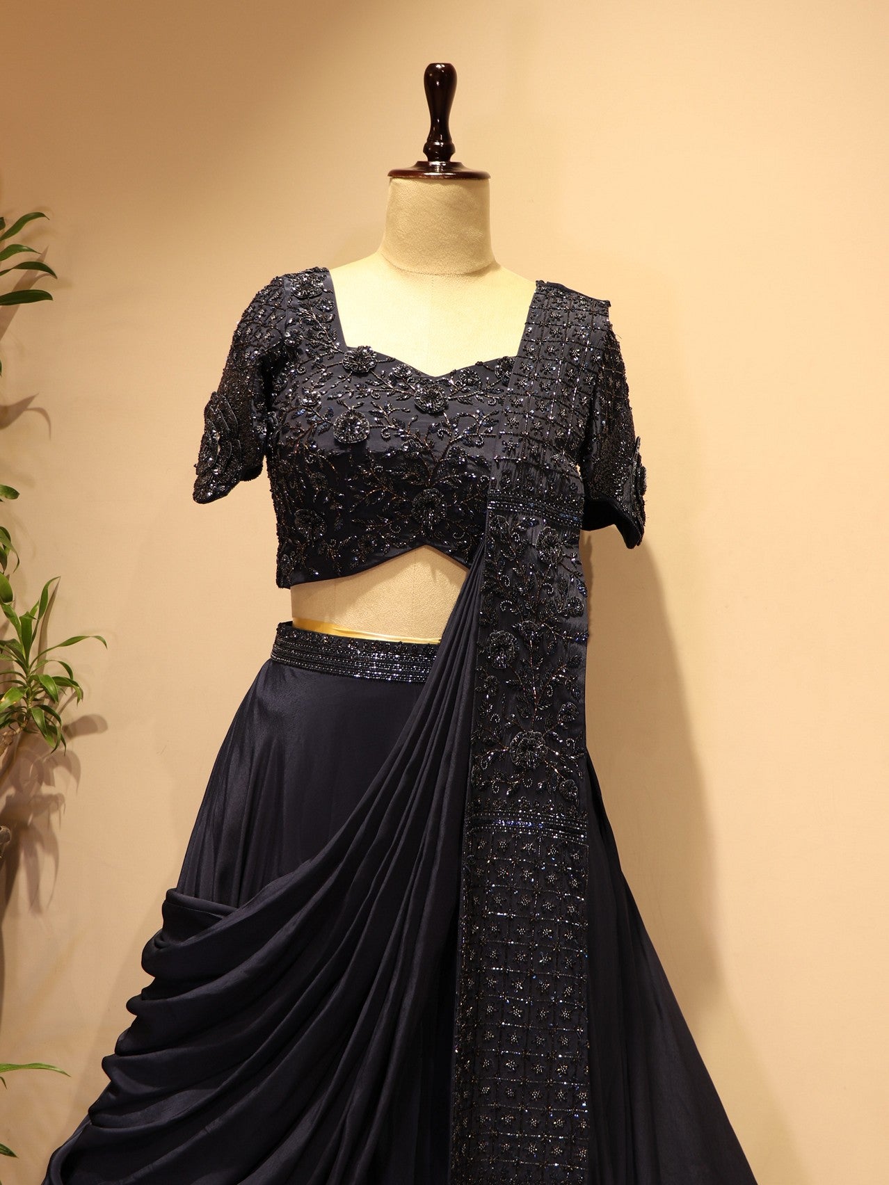 Navy blue embroidered drape lehenga set
