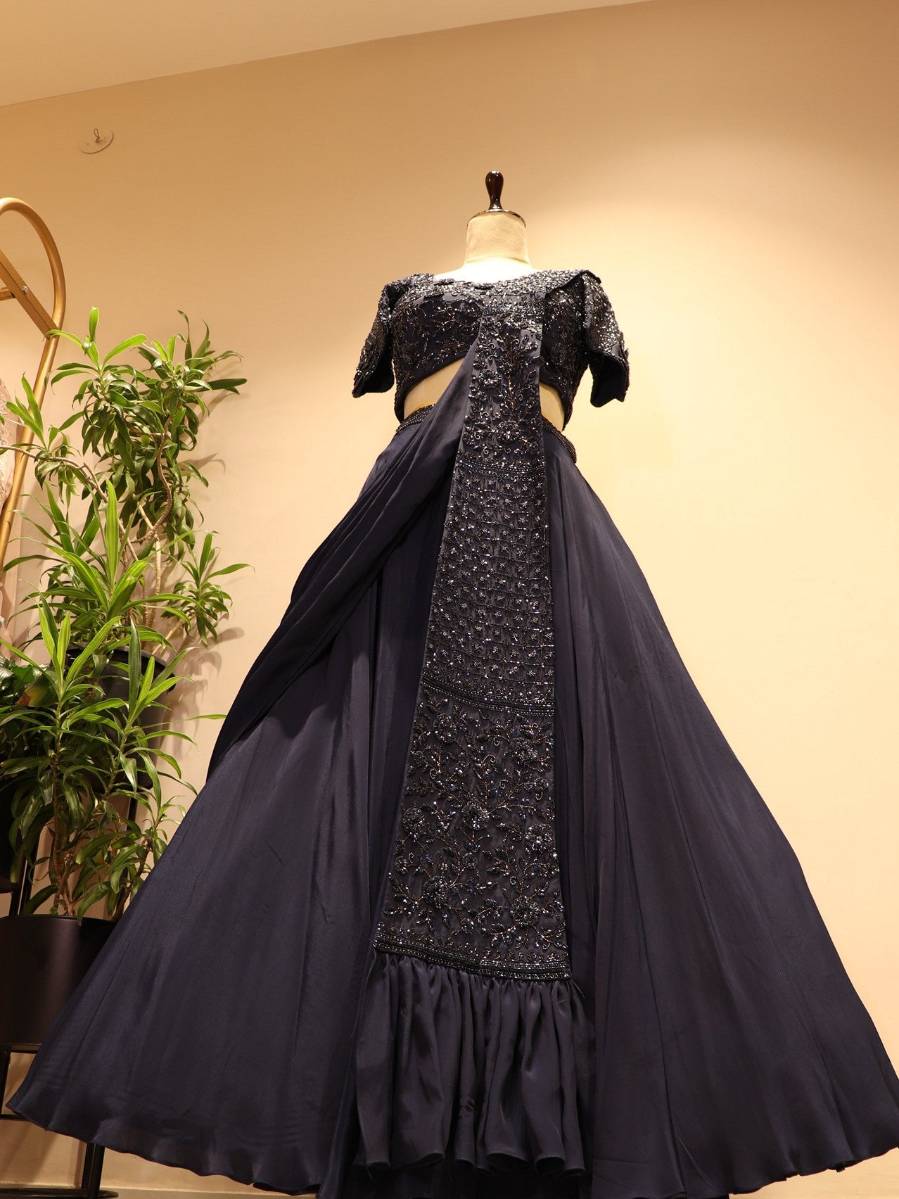 Navy blue embroidered drape lehenga set