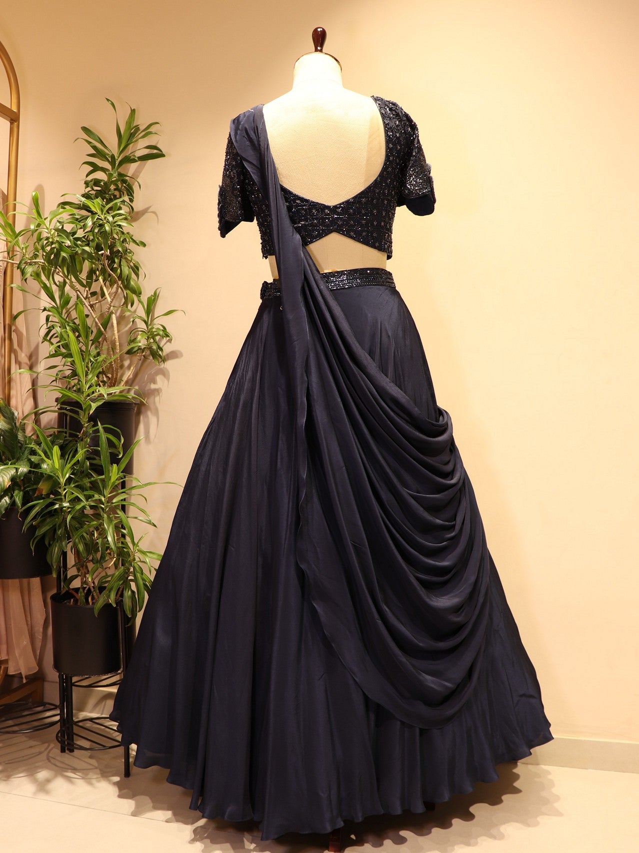 Navy blue embroidered drape lehenga set