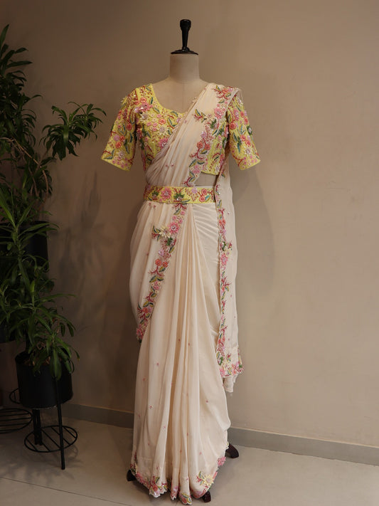 Yellow white drape saree