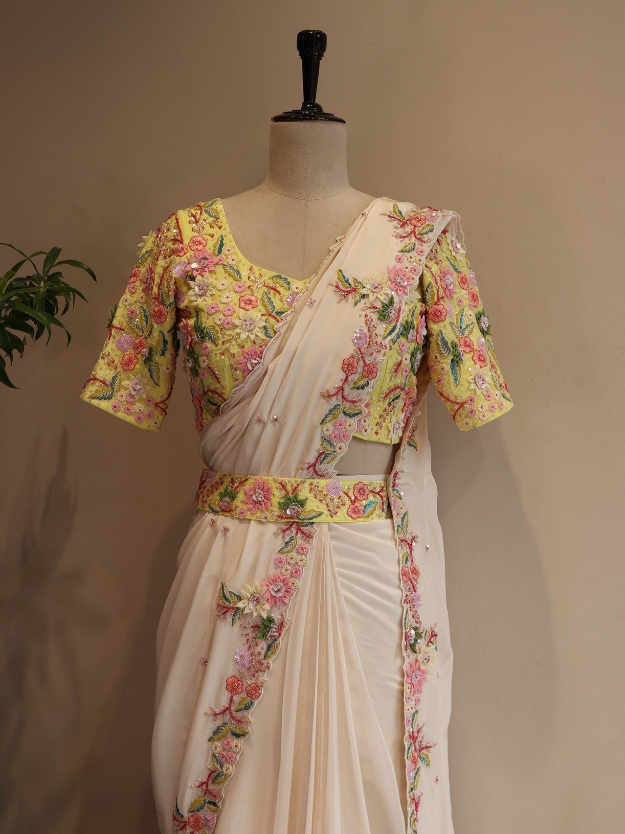 Yellow white drape saree