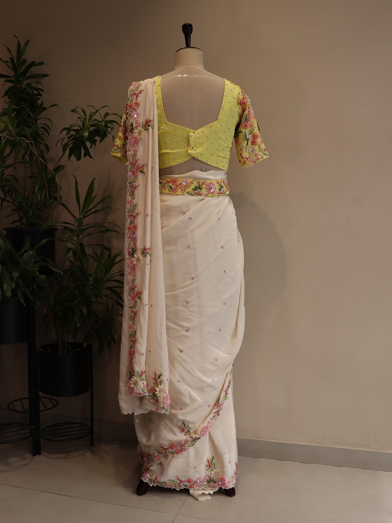 Yellow white drape saree