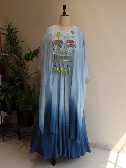 Blue ombre shaded hand painted cape top with skirt