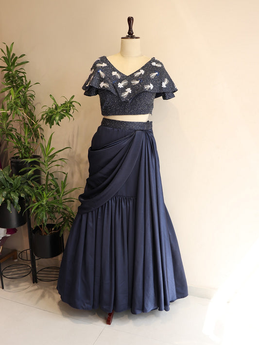 Navy blue crop top drape skirt
