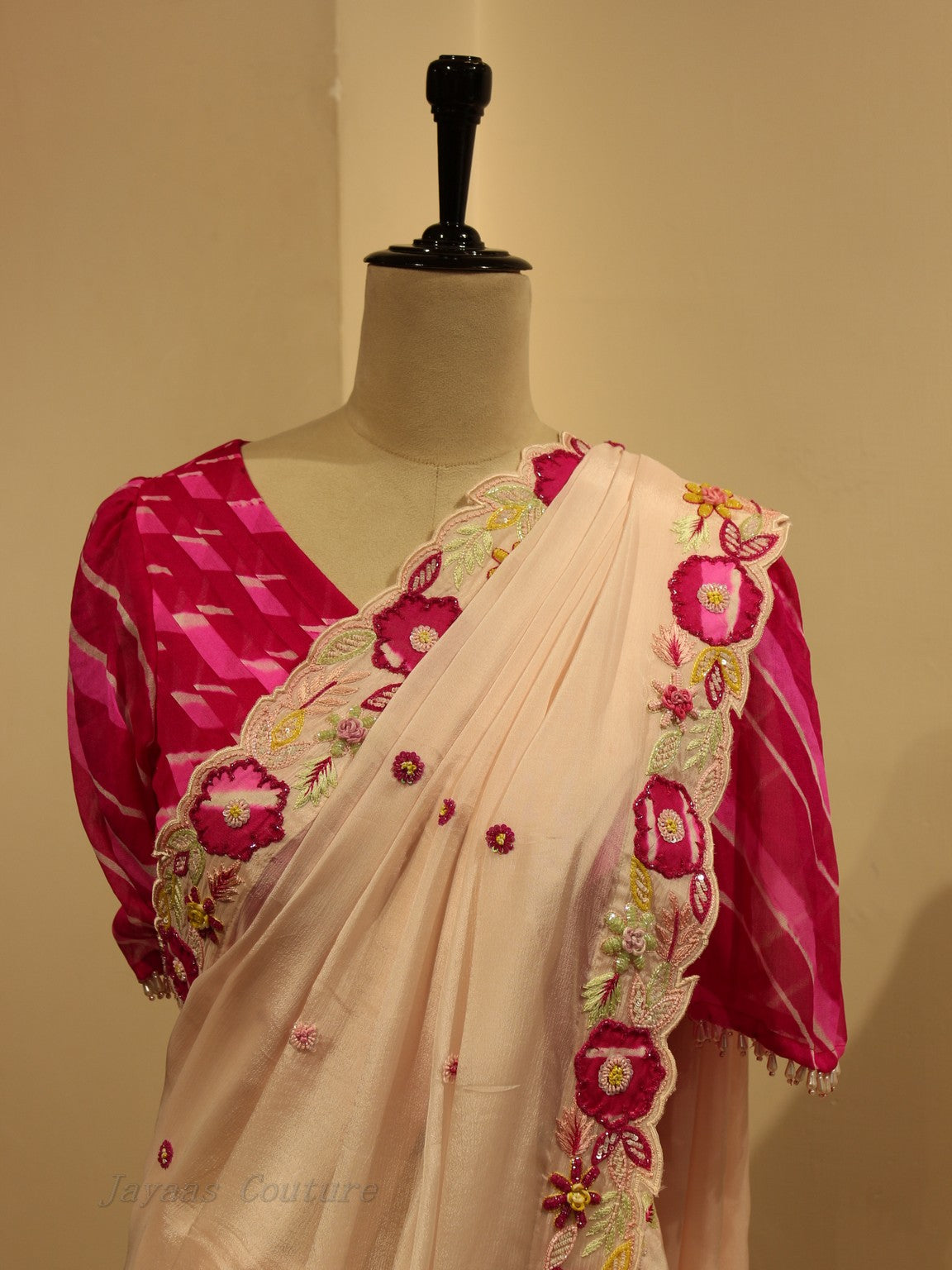 Off white blush pink shaded leheriya saree