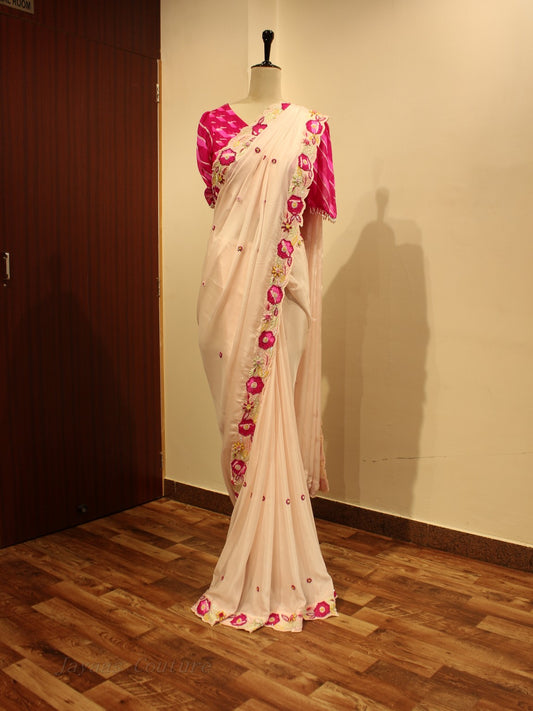 Off white blush pink shaded leheriya saree
