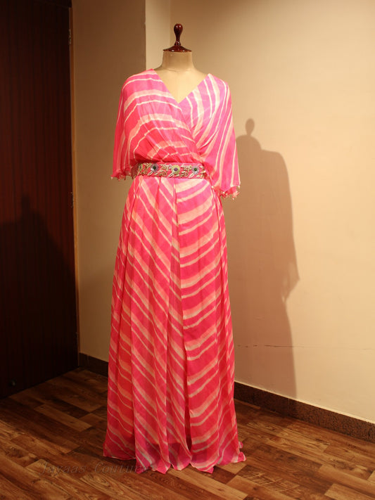 Pink shaded leheriya gown with belt